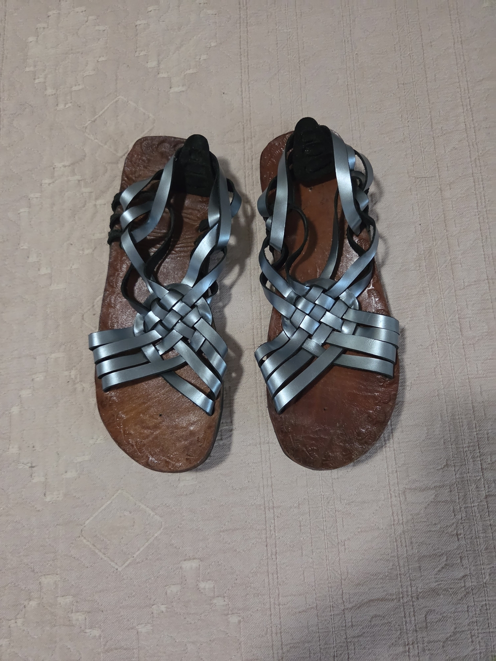 Women's Metallic Silver Braided Strap Sandals